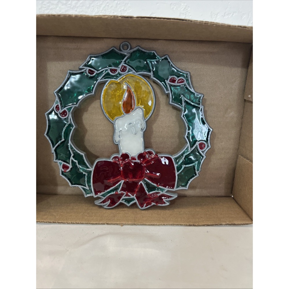 Christmas Holiday Stained Glass Wreath Candle Art Deco Ornament Vintage 7" X 7"